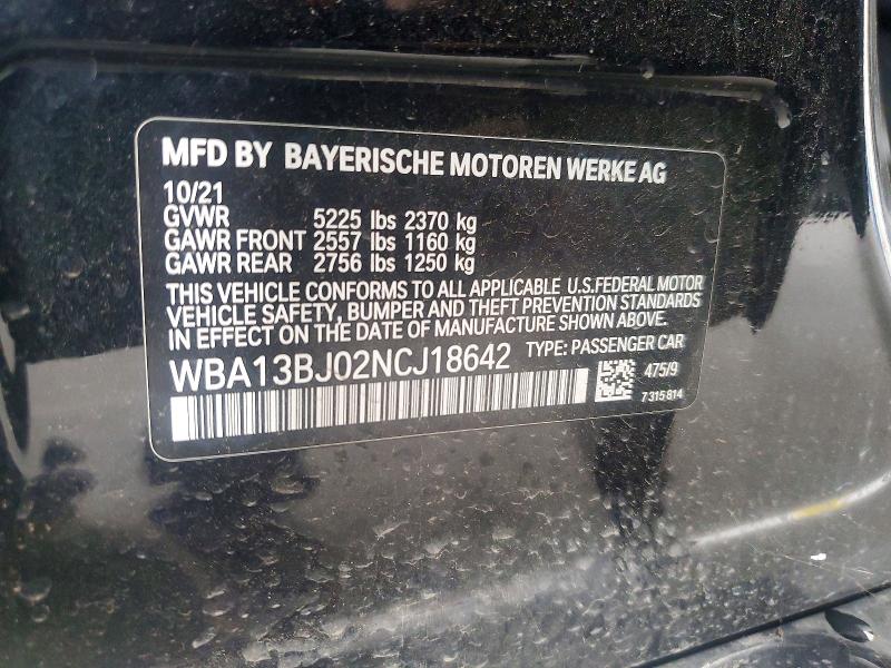 2022 Bmw 530 მანქანა იყიდება აუქციონზე, vin: WBA13BJ02NCJ18642, აუქციონის ნომერი: 54661256