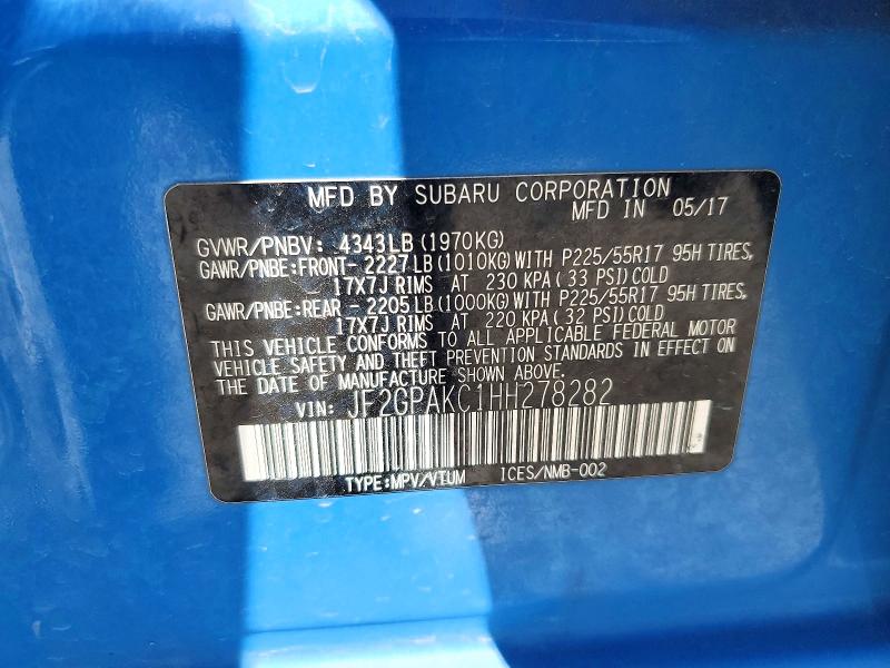 54187866 :رقم المزاد ، JF2GPAKC1HH278282 vin ، 2017 Subaru Crosstrek مزاد بيع