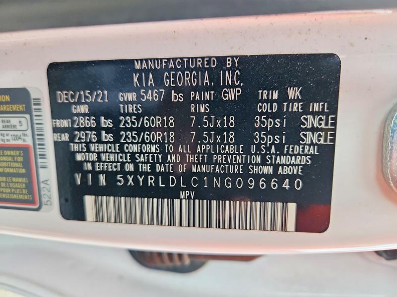 54724316 :رقم المزاد ، 5XYRLDLC1NG096640 vin ، 2022 Kia Sorento مزاد بيع