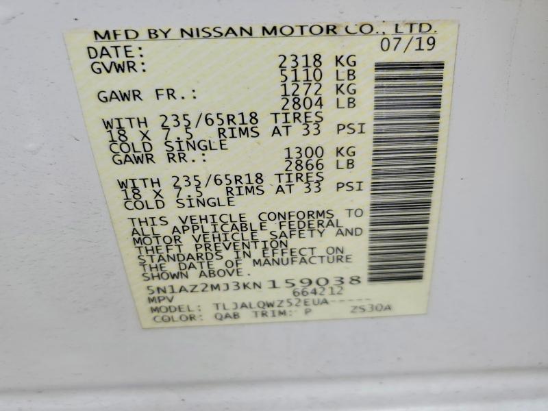 2019 Nissan Murano მანქანა იყიდება აუქციონზე, vin: 5N1AZ2MJ3KN159038, აუქციონის ნომერი: 55128476