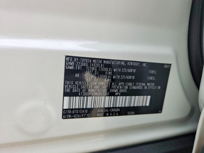 2021 Toyota Rav4 მანქანა იყიდება აუქციონზე, vin: 4T3D6RFV0MU043360, აუქციონის ნომერი: 55264266