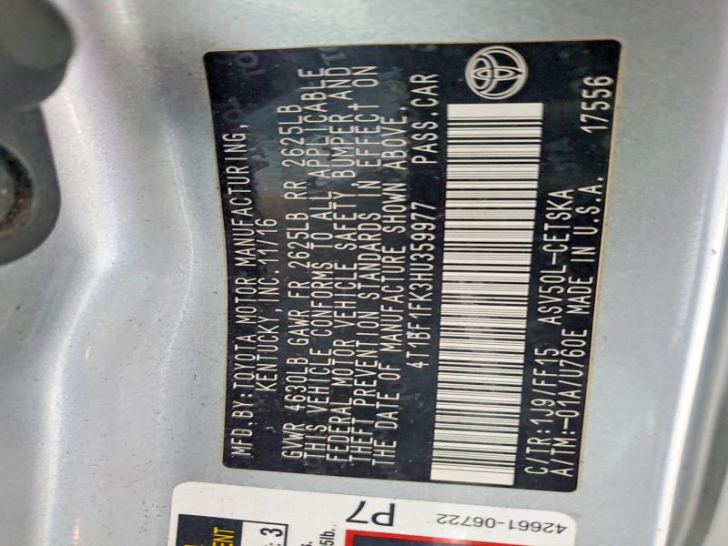 54141866 :رقم المزاد ، 4T1BF1FK3HU359977 vin ، 2017 Toyota Camry مزاد بيع