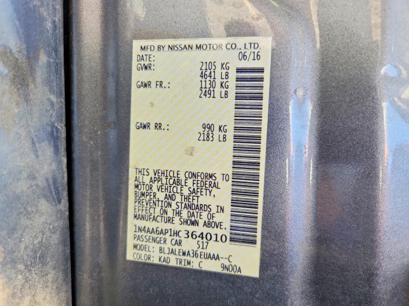 54714826 :رقم المزاد ، 1N4AA6AP1HC364010 vin ، 2017 Nissan Maxima مزاد بيع