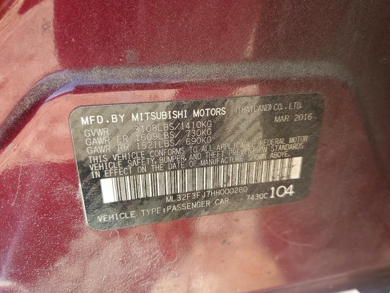 2017 Mitsubishi Mirage მანქანა იყიდება აუქციონზე, vin: ML32F3FJ7HH000280, აუქციონის ნომერი: 52022036