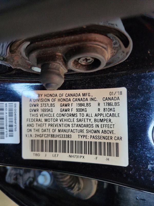 Aukcja sprzedaży 2018 Honda Civic, vin: 2HGFC2F88JH533383, numer aukcji: 52752866