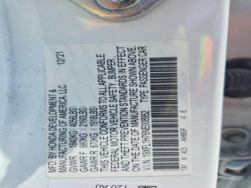 52456066 :رقم المزاد ، 19XFL1H76NE008952 vin ، 2022 Honda Civic مزاد بيع