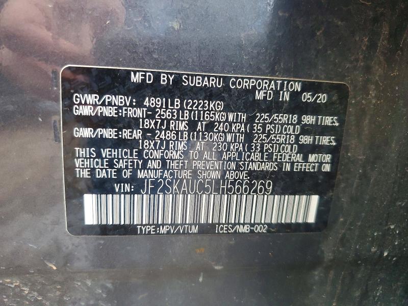 Aukcja sprzedaży 2020 Subaru Forester, vin: JF2SKAUC5LH566269, numer aukcji: 54888756