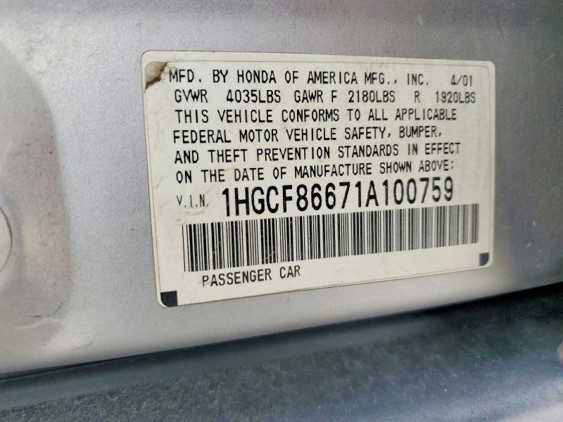 Aukcja sprzedaży 2001 Honda Accord, vin: 1HGCF86671A100759, numer aukcji: 55093586