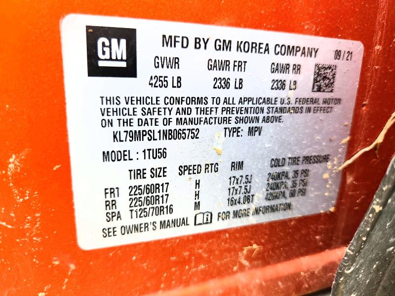 2022 Chevrolet Trailblazer მანქანა იყიდება აუქციონზე, vin: KL79MPSL1NB065752, აუქციონის ნომერი: 55324996