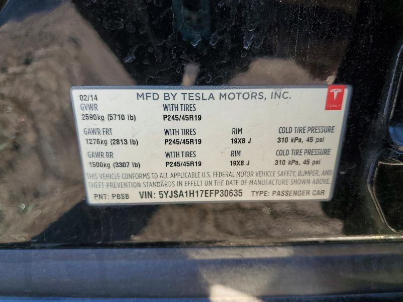 2014 Tesla Model S მანქანა იყიდება აუქციონზე, vin: 5YJSA1H17EFP30635, აუქციონის ნომერი: 52030076