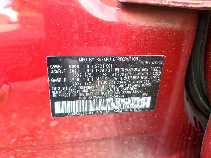 Продаж на аукціоні авто 2020 Subaru Ascent, vin: 4S4WMAPD5L3458533, номер лоту: 55376026