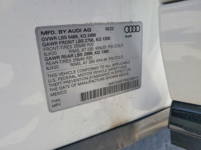 Aukcja sprzedaży 2022 Audi Q5, vin: WA1EAAFY5N2088314, numer aukcji: 53626826
