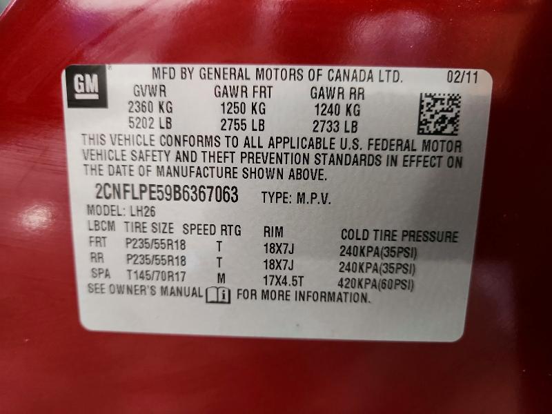 52331366 :رقم المزاد ، 2CNFLPE59B6367063 vin ، 2011 Chevrolet Equinox مزاد بيع