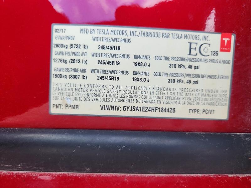 52128736 :رقم المزاد ، 5YJSA1E24HF184426 vin ، 2017 Tesla Model S مزاد بيع
