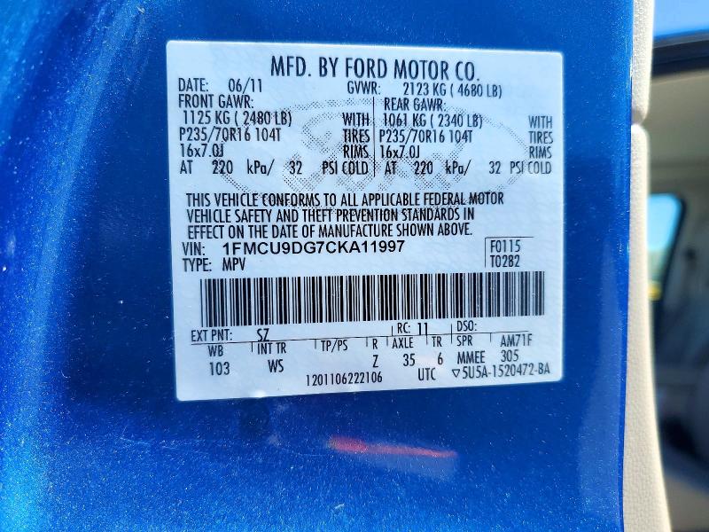Продажа на аукционе авто 2012 Ford Escape, vin: 1FMCU9DG7CKA11997, номер лота: 53150606