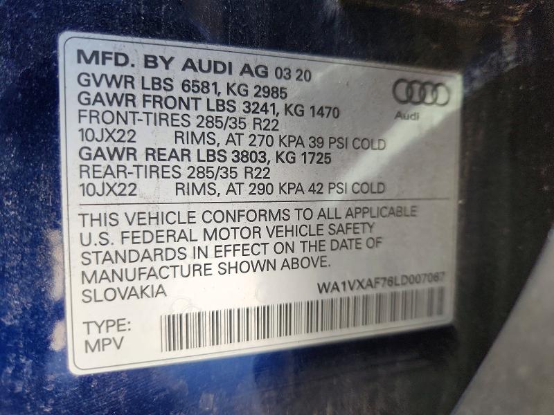 2020 Audi Q7 მანქანა იყიდება აუქციონზე, vin: WA1VXAF76LD007067, აუქციონის ნომერი: 51275906
