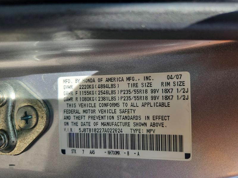 52445126 :رقم المزاد ، 5J8TB18227A022624 vin ، 2007 Acura Rdx مزاد بيع