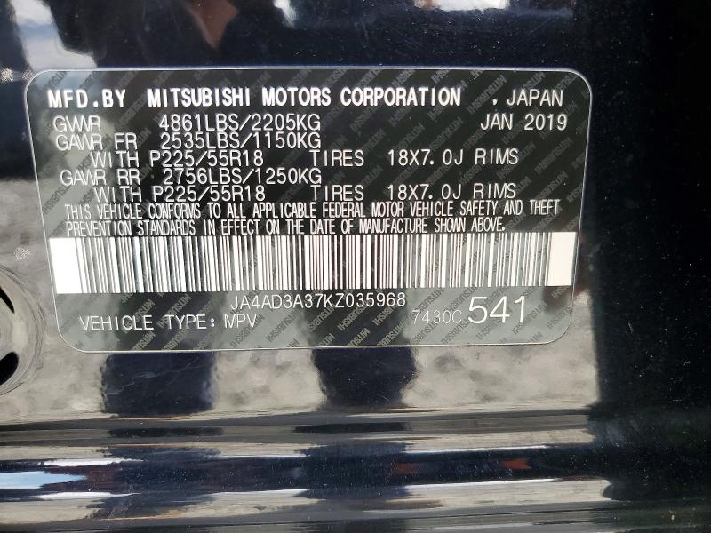 2019 Mitsubishi Outlander მანქანა იყიდება აუქციონზე, vin: JA4AD3A37KZ035968, აუქციონის ნომერი: 52166146