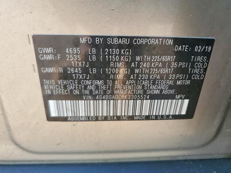 Продажа на аукционе авто 2019 Subaru Outback, vin: 4S4BSABC5K3305524, номер лота: 54093986