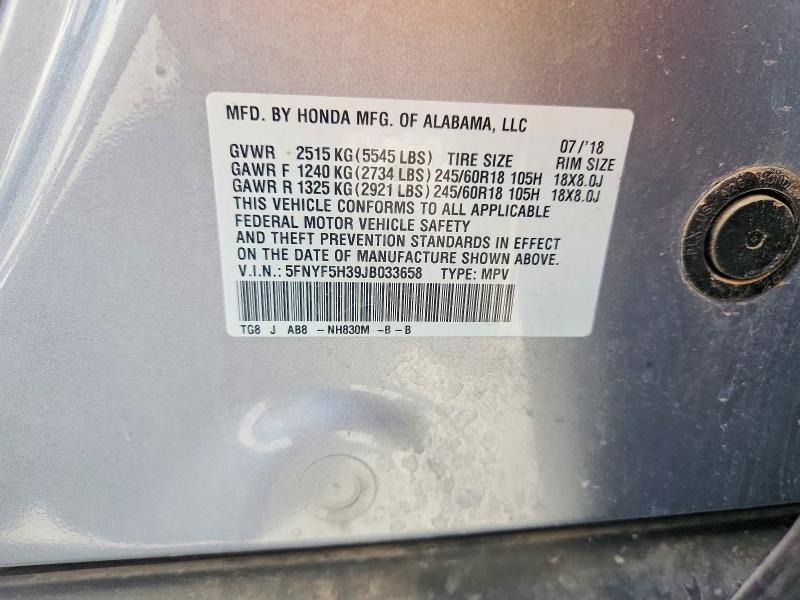 Aukcja sprzedaży 2018 Honda Pilot, vin: 5FNYF5H39JB033658, numer aukcji: 52782436