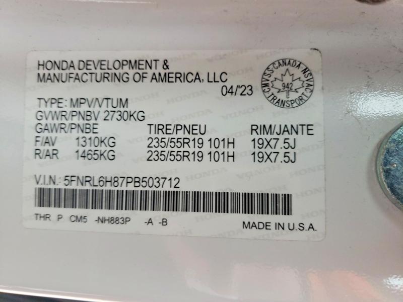 2023 Honda Odyssey მანქანა იყიდება აუქციონზე, vin: 5FNRL6H87PB503712, აუქციონის ნომერი: 52005046