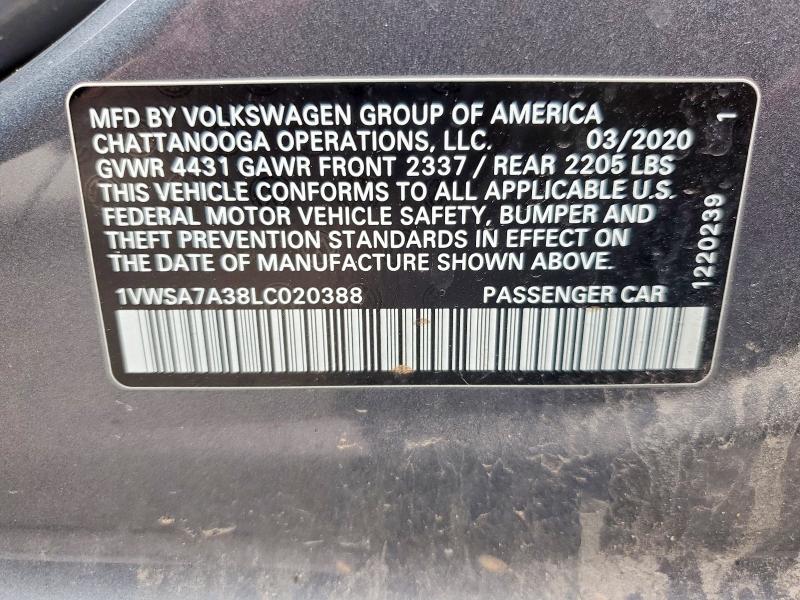 Aukcja sprzedaży 2020 Volkswagen Passat, vin: 1VWSA7A38LC020388, numer aukcji: 53051246