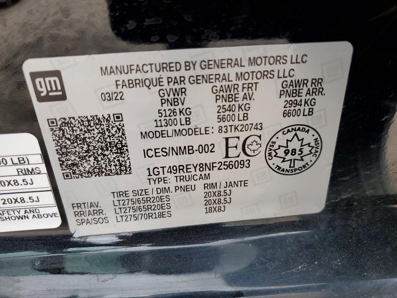 2022 Gmc Sierra მანქანა იყიდება აუქციონზე, vin: 1GT49REY8NF256093, აუქციონის ნომერი: 45831326