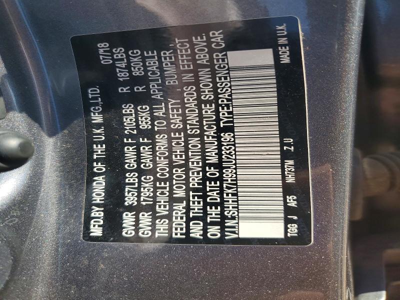 53462216 :رقم المزاد ، SHHFK7H99JU233196 vin ، 2018 Honda Civic مزاد بيع