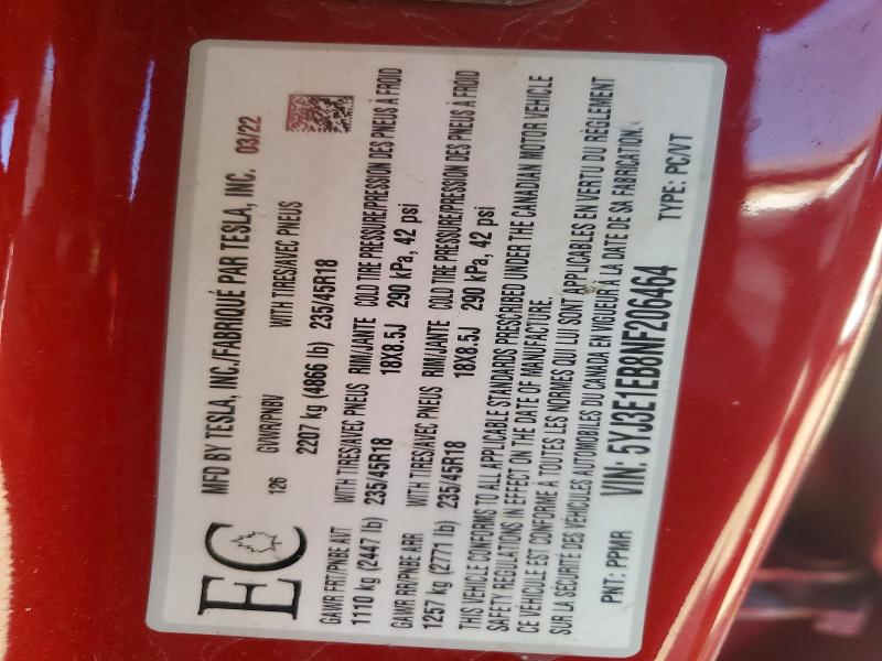 52349976 :رقم المزاد ، 5YJ3E1EB8NF206464 vin ، 2022 Tesla Model 3 مزاد بيع
