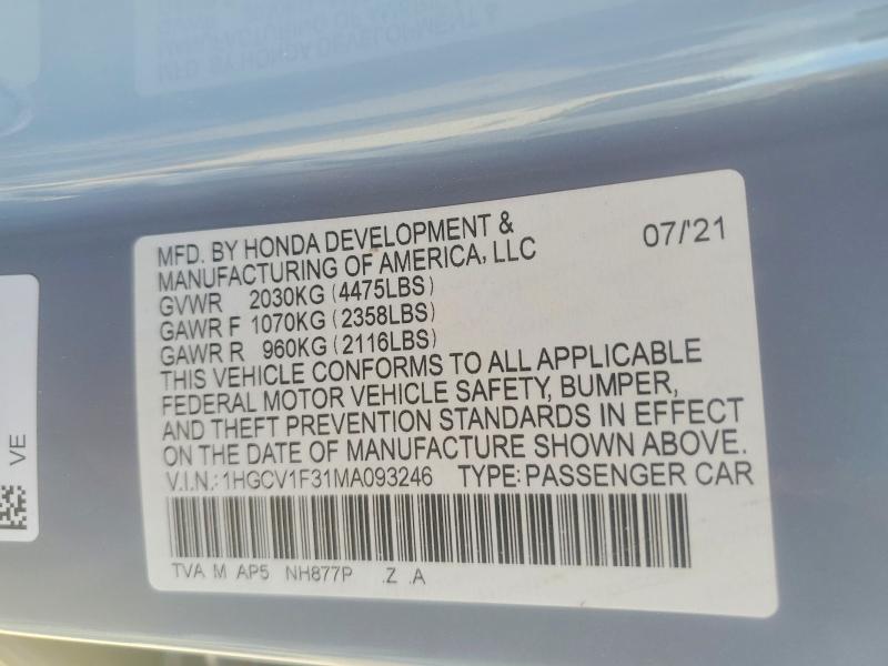Aukcja sprzedaży 2021 Honda Accord, vin: 1HGCV1F31MA093246, numer aukcji: 52959396