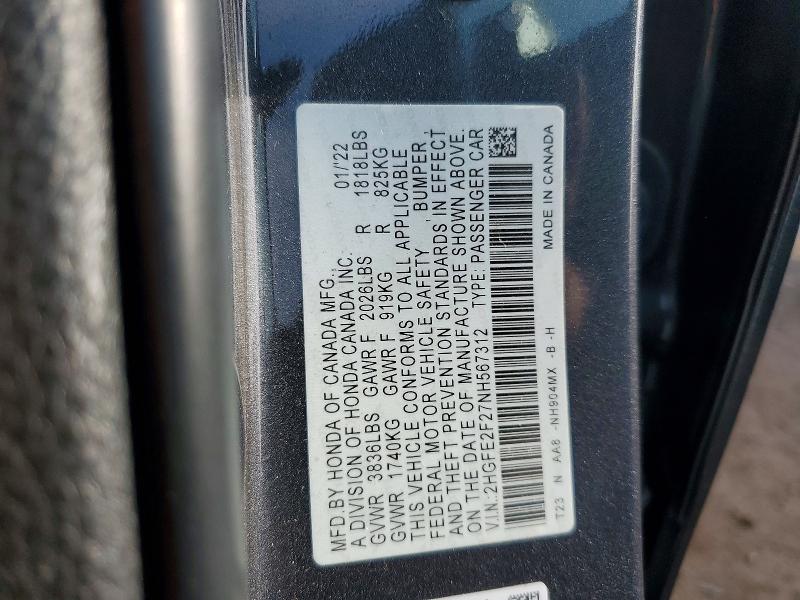 Aukcja sprzedaży 2022 Honda Civic, vin: 2HGFE2F27NH567312, numer aukcji: 52807686
