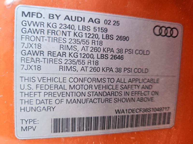 Aukcja sprzedaży 2025 Audi Q3, vin: WA1DECF36S1049717, numer aukcji: 53355676