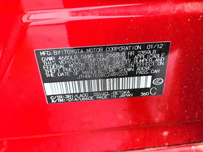 52918736 :رقم المزاد ، JTHBK1EGXC2489223 vin ، 2012 Lexus Es مزاد بيع