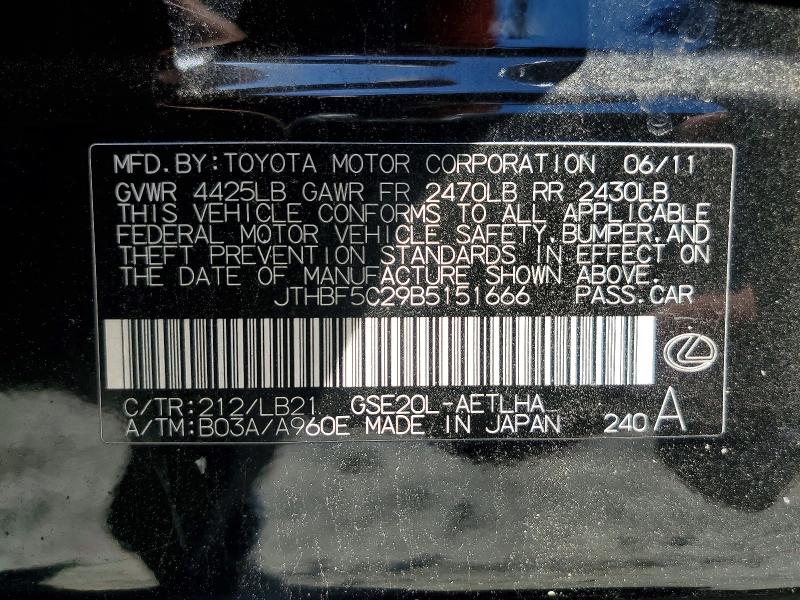 Aukcja sprzedaży 2011 Lexus Is, vin: JTHBF5C29B5151666, numer aukcji: 52072446