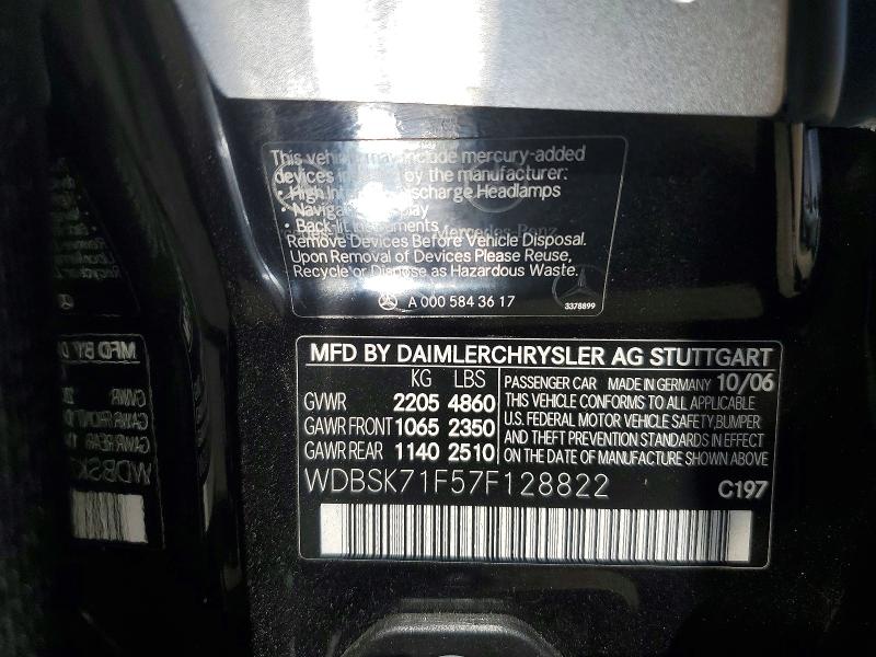 55448416 :رقم المزاد ، WDBSK71F57F128822 vin ، 2007 Mercedes-benz Sl مزاد بيع