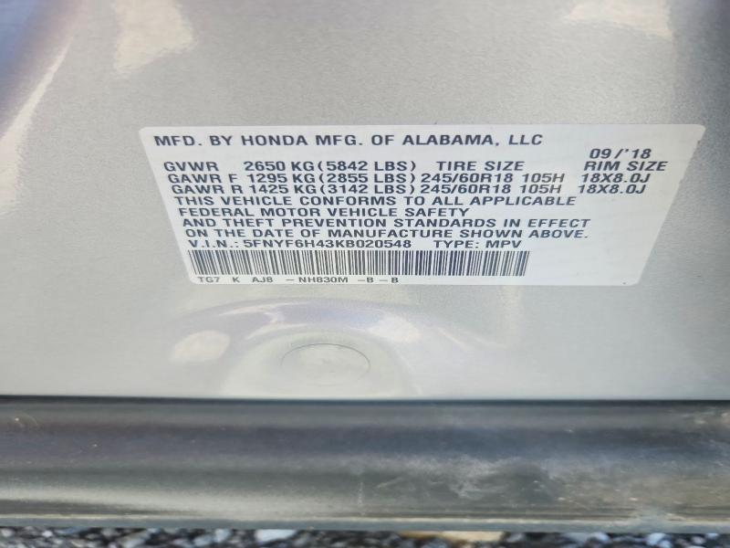 Продаж на аукціоні авто 2019 Honda Pilot, vin: 5FNYF6H43KB020548, номер лоту: 54097276