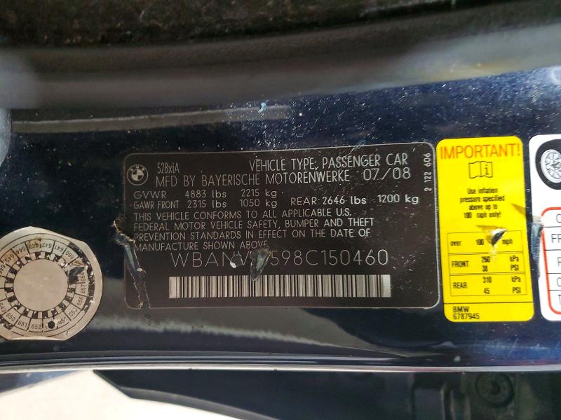2008 Bmw 528 მანქანა იყიდება აუქციონზე, vin: WBANV13598C150460, აუქციონის ნომერი: 54762816