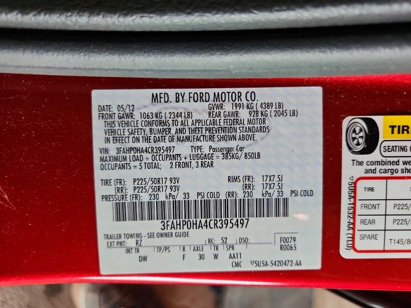 Продаж на аукціоні авто 2012 Ford Fusion, vin: 3FAHP0HA4CR395497, номер лоту: 52728756