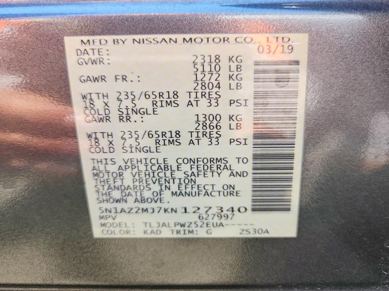 Продажа на аукционе авто 2019 Nissan Murano, vin: 5N1AZ2MJ7KN127340, номер лота: 53817966