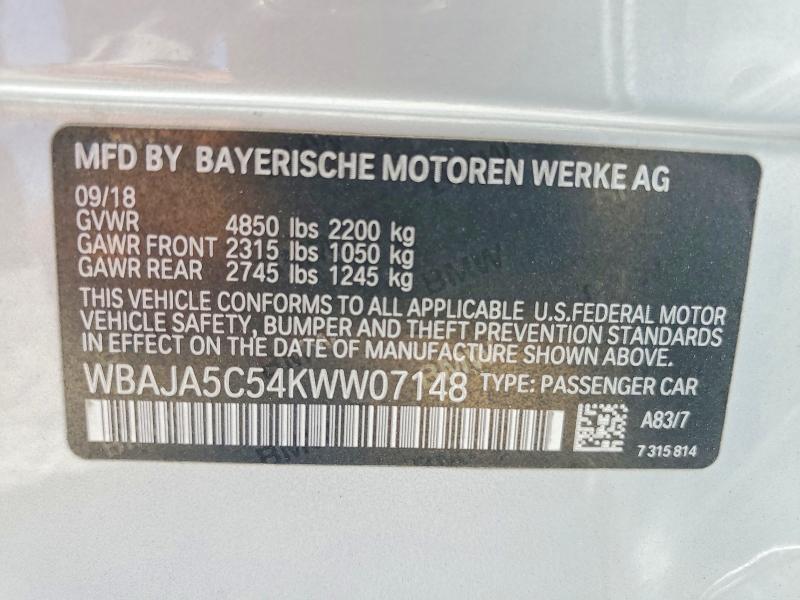 2019 Bmw 530 მანქანა იყიდება აუქციონზე, vin: WBAJA5C54KWW07148, აუქციონის ნომერი: 54917156