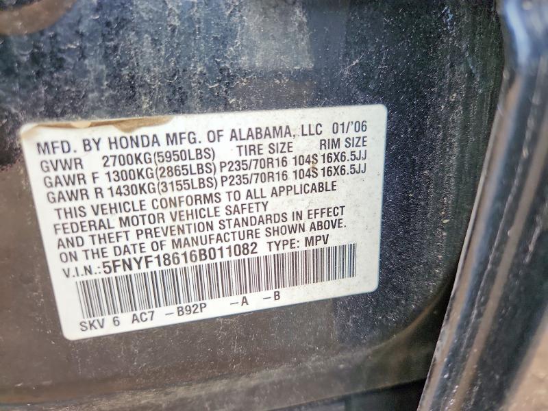 53566736 :رقم المزاد ، 5FNYF18616B011082 vin ، 2006 Honda Pilot مزاد بيع