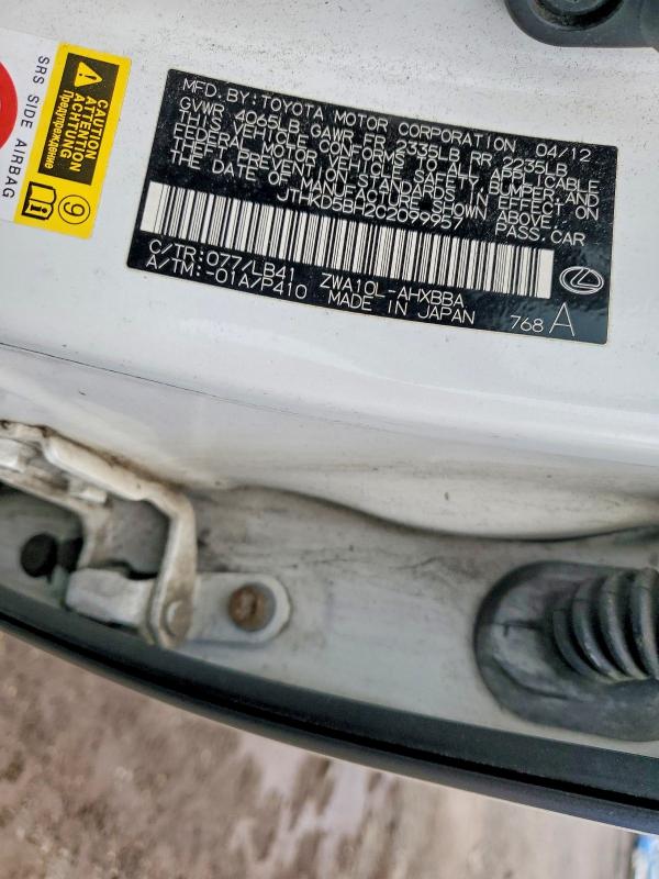 Auction sale of the 2012 Lexus Ct, vin: JTHKD5BH2C2099957, lot number: 54023146