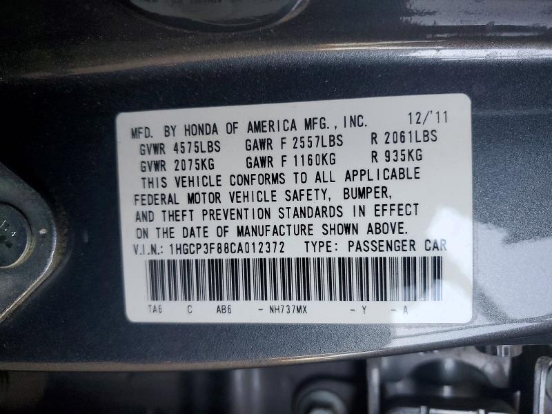 2012 Honda Accord მანქანა იყიდება აუქციონზე, vin: 1HGCP3F88CA012372, აუქციონის ნომერი: 54985666