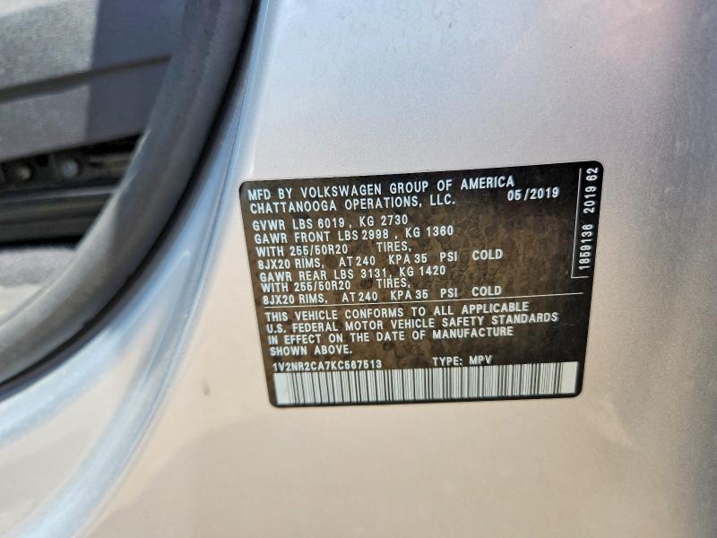 2019 Volkswagen Atlas მანქანა იყიდება აუქციონზე, vin: 1V2NR2CA7KC567513, აუქციონის ნომერი: 54556056