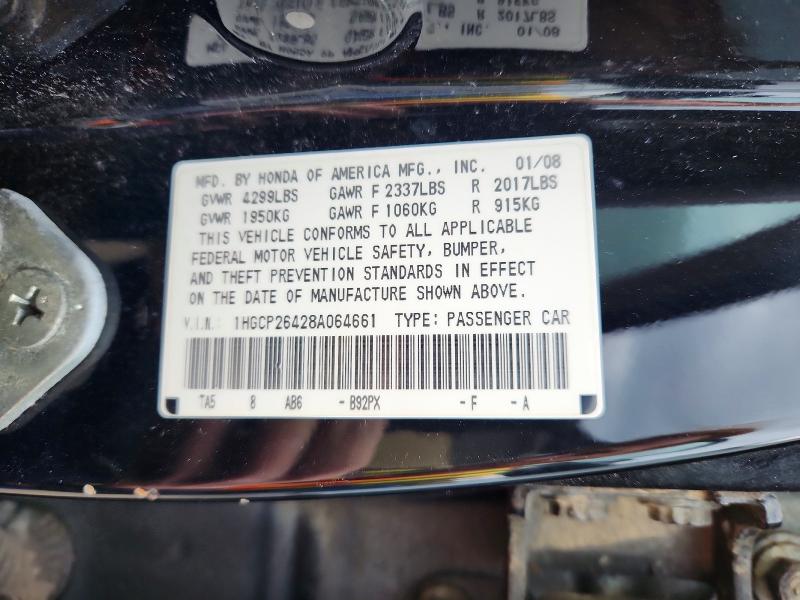 52541866 :رقم المزاد ، 1HGCP26428A064661 vin ، 2008 Honda Accord مزاد بيع