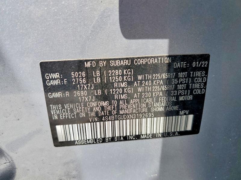 Продаж на аукціоні авто 2022 Subaru Outback, vin: 4S4BTGUDXN3192695, номер лоту: 52704036