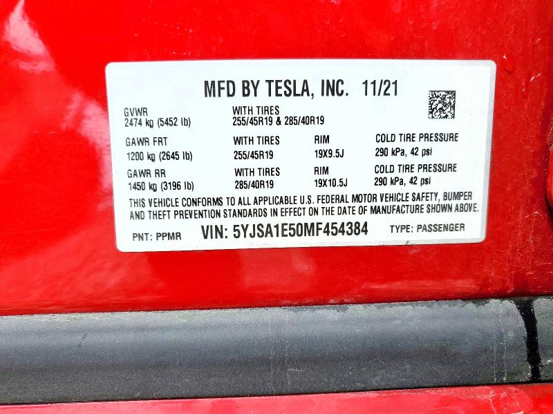 55098376 :رقم المزاد ، 5YJSA1E50MF454384 vin ، 2021 Tesla Model S مزاد بيع