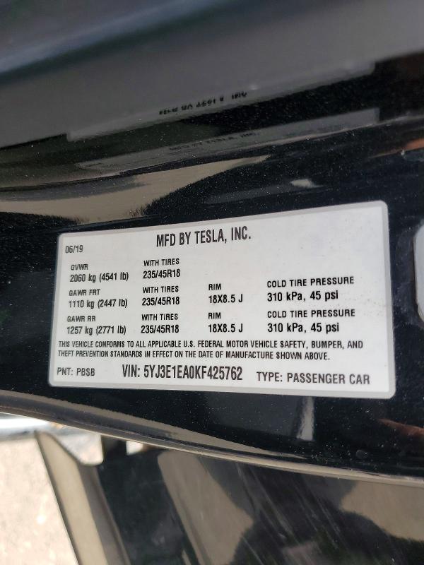 53819676 :رقم المزاد ، 5YJ3E1EA0KF425762 vin ، 2019 Tesla Model 3 مزاد بيع