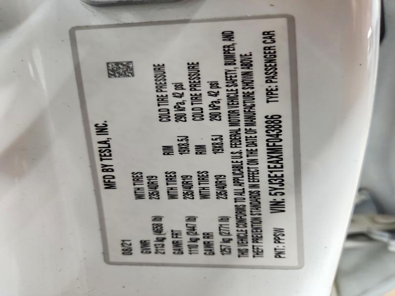Продаж на аукціоні авто 2021 Tesla Model 3, vin: 5YJ3E1EAXMF043886, номер лоту: 49259806