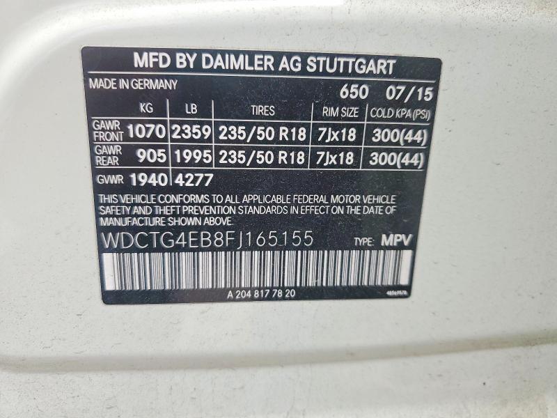 2015 Mercedes-benz Gla მანქანა იყიდება აუქციონზე, vin: WDCTG4EB8FJ165155, აუქციონის ნომერი: 52298816